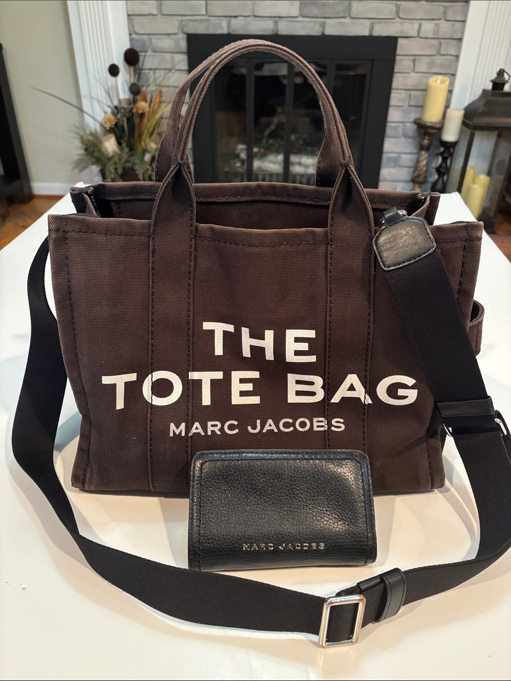 Marc Jacobs Brown Canvas 'The Tote Bag' with Black Strap with wallet